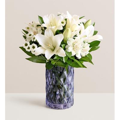 1-800-Flowers Everyday Gift Delivery White Lily Bouquet For Sympathy W/ Blue Modern Vase | Happiness Delivered To Their Door