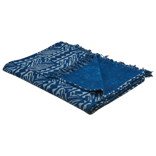 Kuscheldecke Marineblau Baumwolle 130 x 180 cm geometrisches Muster afrikanischer Print und Quasten für Bett Sofa Couch Sessel Wohnzimmer