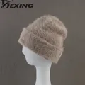 Chapeau d'hiver en fourrure de lapin Angora pour femmes bonnet tricoté en peluche pour dames mode