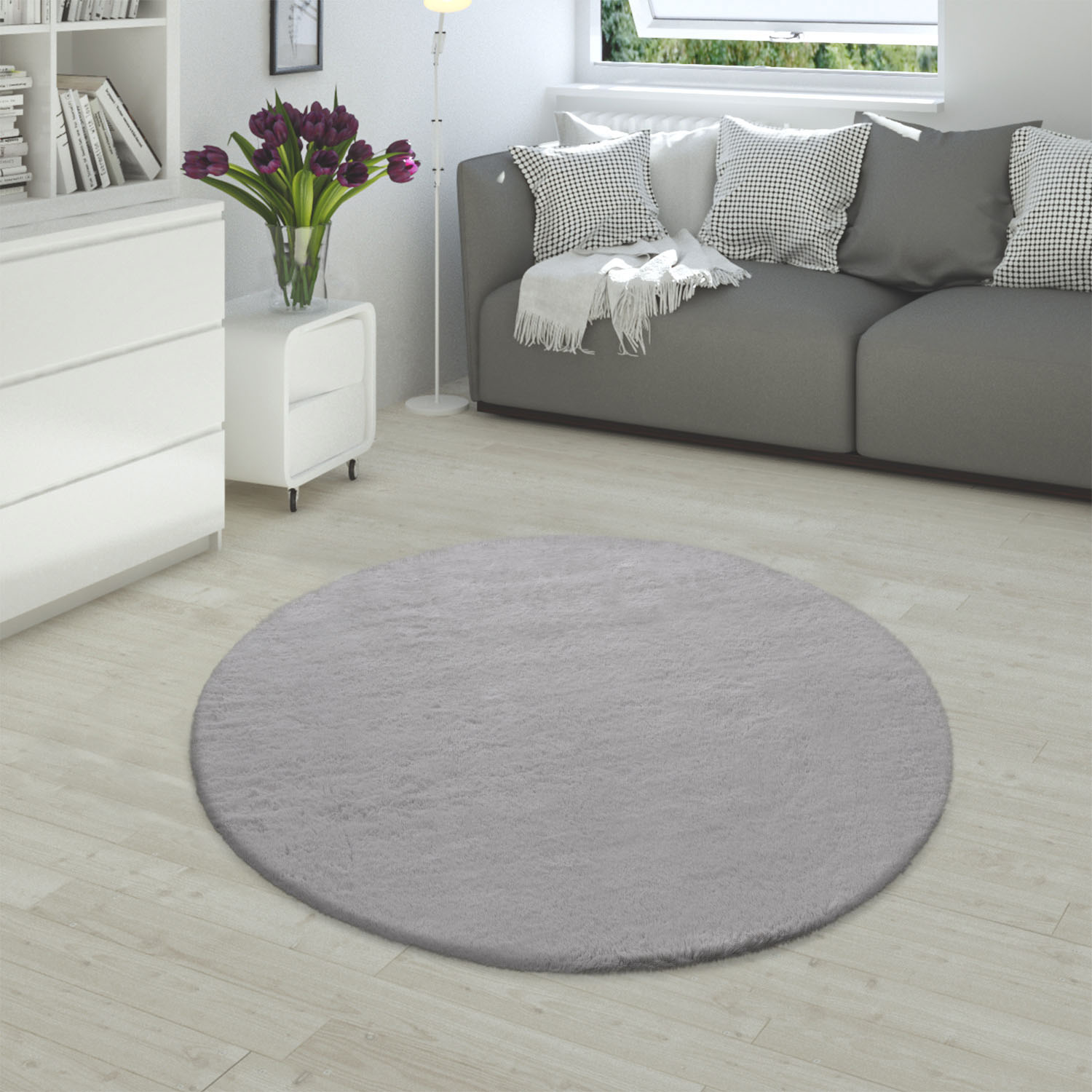 Fellteppich PACO HOME "Rabbit 780", grau, H:26mm Ø:160cm, Polyester, Teppiche, Fellteppich, Kunstfell, Kaninchenfell-Haptik, echter Kuschelteppich, Uni-Farben Image