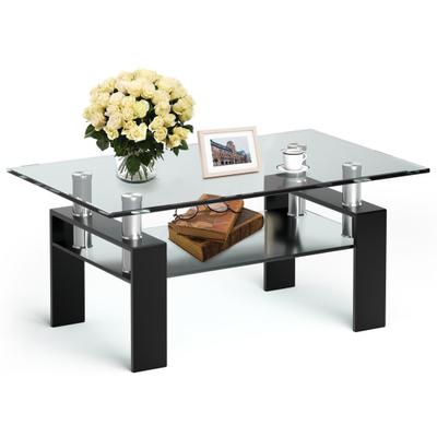 Costway Rectangle Glass Coffee Table with Metal Legs for Living Room-Black