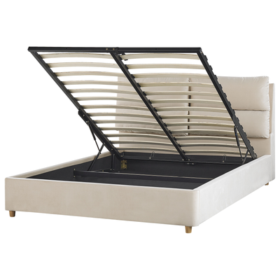 Polsterbett aus Samtstoff Beige 140 x 200 cm mit Bettkasten hochklappbar Doppelbett Elegantes Modernes Design