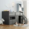 Harriet Bee Low Study Twin Size Loft Bed w/ Storage Steps & Portable Desk Wood in Gray | 59.8 H x 79.5 W x 57 D in | Wayfair