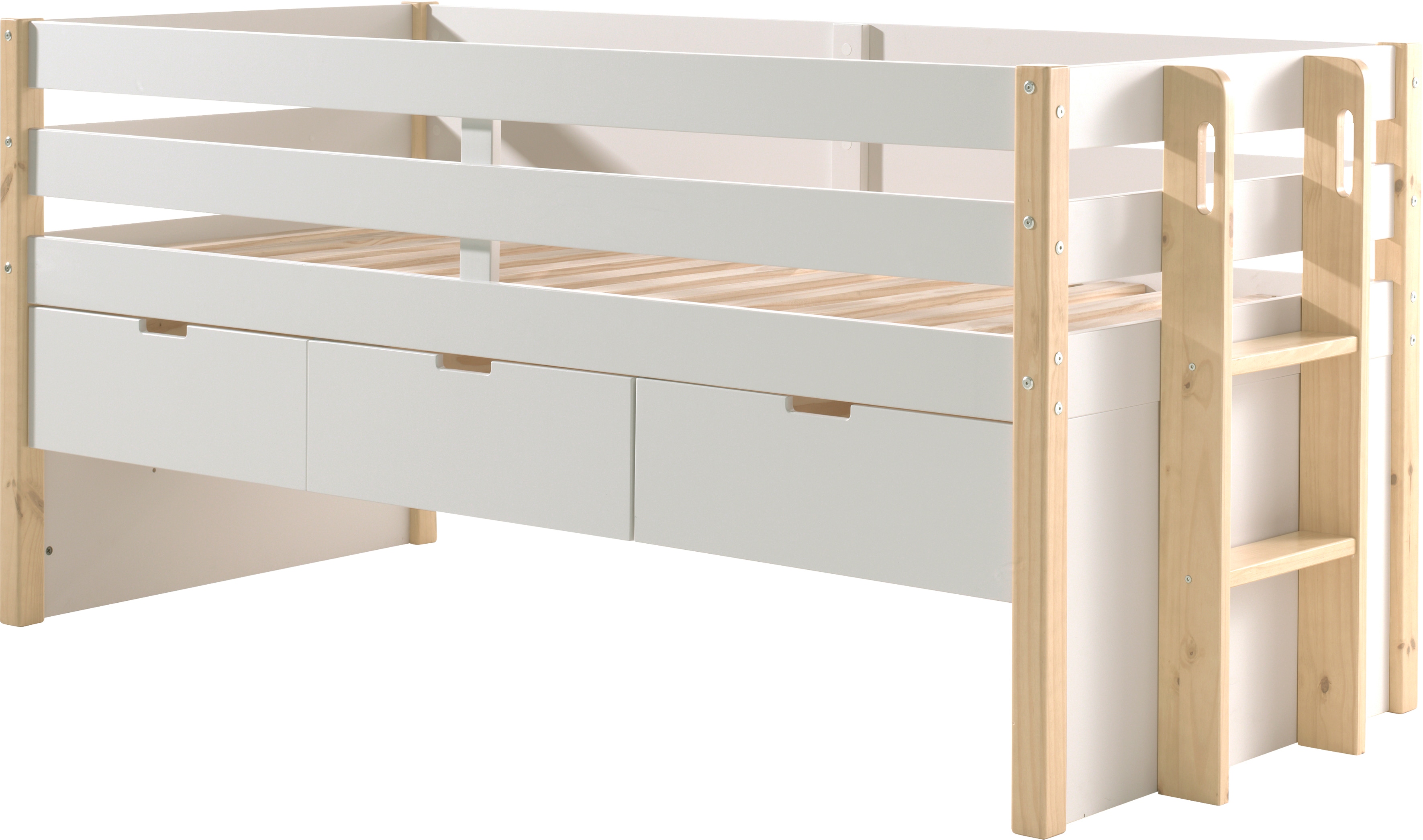 Hochbett VIPACK "Magrit, mit 3 geräumingen Schubladen, viel Stauraum, moderne Optik", weiß (weiß, natur), B:97,8 H:100 L:219,2, Hochbetten, wahlweise mit oder ohne Bettschublade als zusätzlichen Stauraum Image