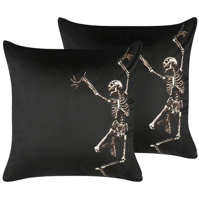 Dekokissen 2er Set Schwarz Samtstoffbezug mit Polyester-Füllung 45 x 45 cm Halloween Skelett Motiv Zweiseitig Bedruckt W