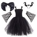 IBTOM CASTLE Maleficent Costume for Kids Girls, Evil Queen Fancy Dress Up Black Princess Tutu Dress Horns Headband Wings Child Magic Wizard Halloween Cosplay Masquerade Outfit Black（4pcs） 9-10 Years