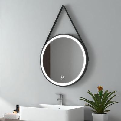 Badspiegel mit Beleuchtung Rund Badezimmerspiegel mit Schwarzem Rahmen und Riemen ф50cm (Kaltweißes