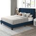 Queen Size Wingback Bed Frame W/ Square Stitched Headboard, Dark Blue