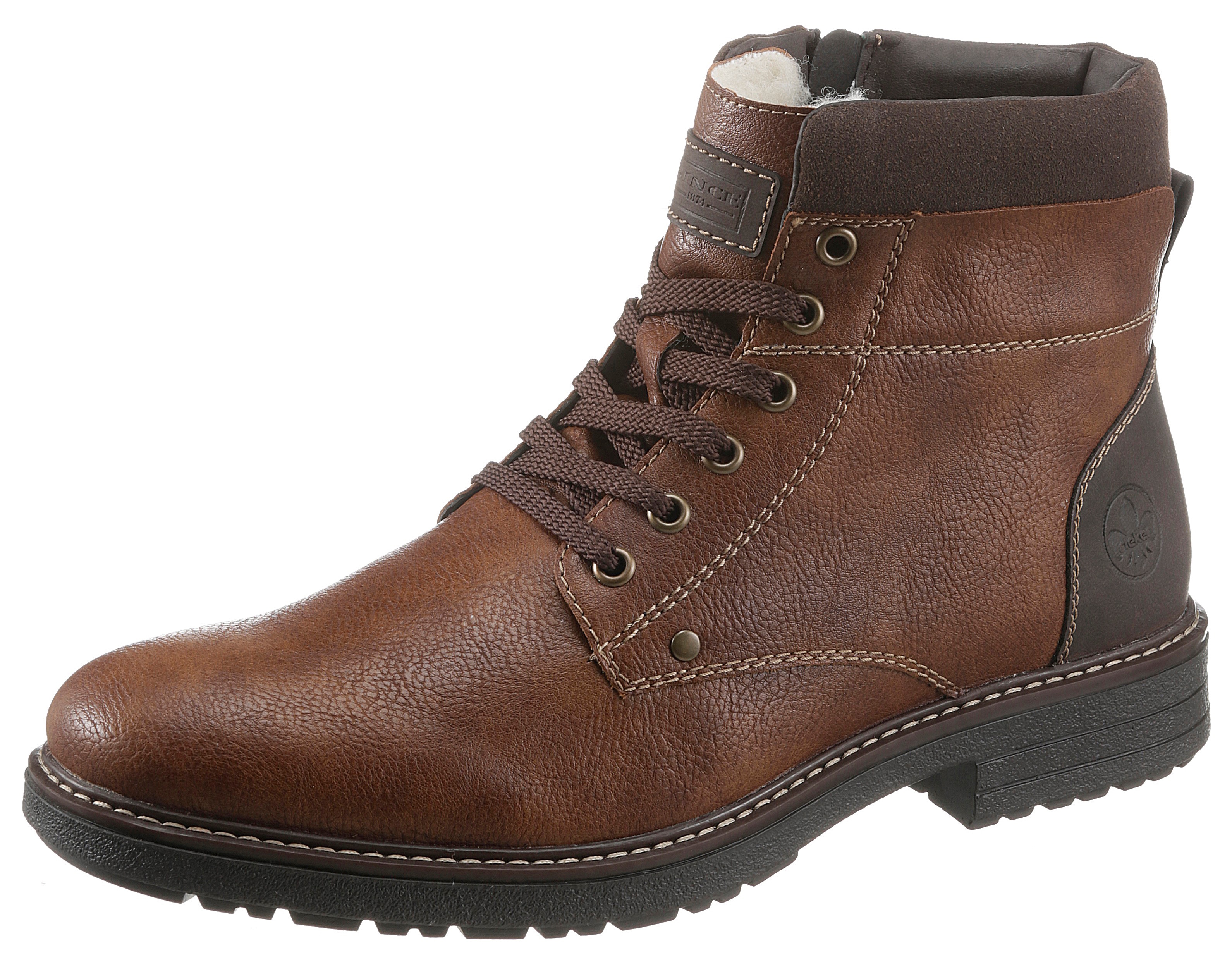 Schnürboots RIEKER, Herren, Gr. 44, braun (cognac, dunkelbraun), Lederimitat, Textil, Elegant, Schuhe Schnürboots Winterboots, mit wärmendem Schurwollfutter