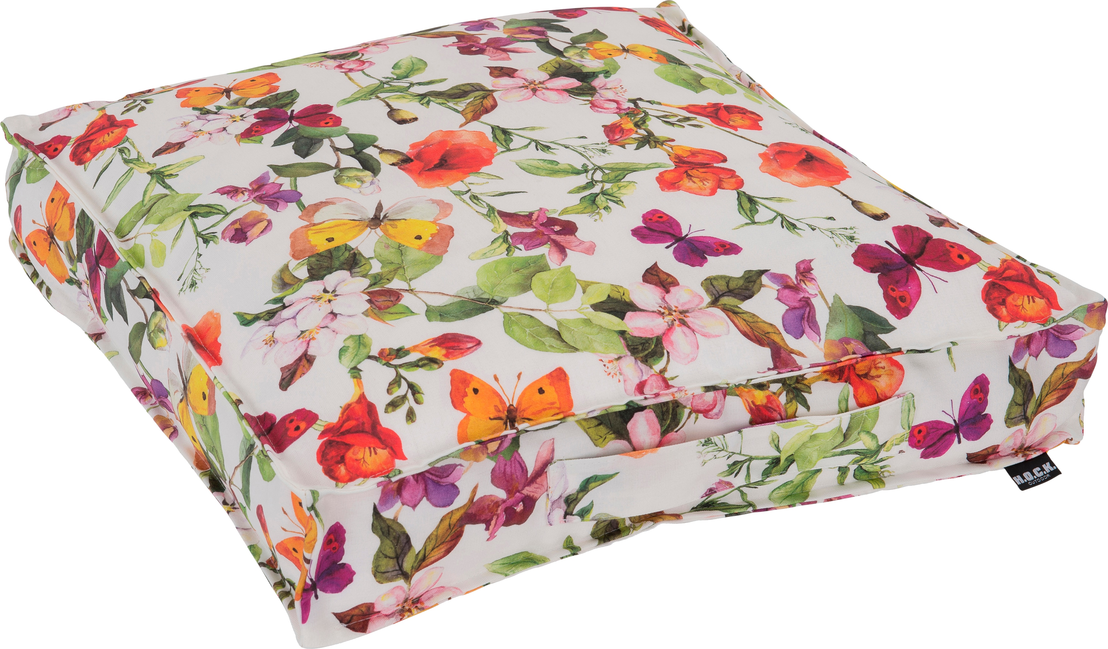 Stuhlkissen H.O.C.K. "Sweet Butterfly", bunt (bunt, weiß, geblümt), B:50cm H:10cm L:50cm, Polyacryl, Dekokissen_Sitzkissen_Kissenhüllen, Stuhlkissen, Outdoor geeignet