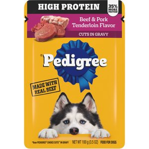Pedigree High Protein Beef & Pork Tenderloin Flavor Cuts in Gravy Adult Dog Wet Food Pouches, 3.5-oz pouches, 16 count