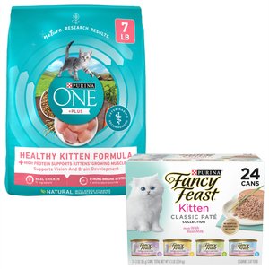 Fancy Feast Tender Feast Canned Food + Purina ONE Healthy Kitten Formula Dry Cat Food, 7-lb bag
