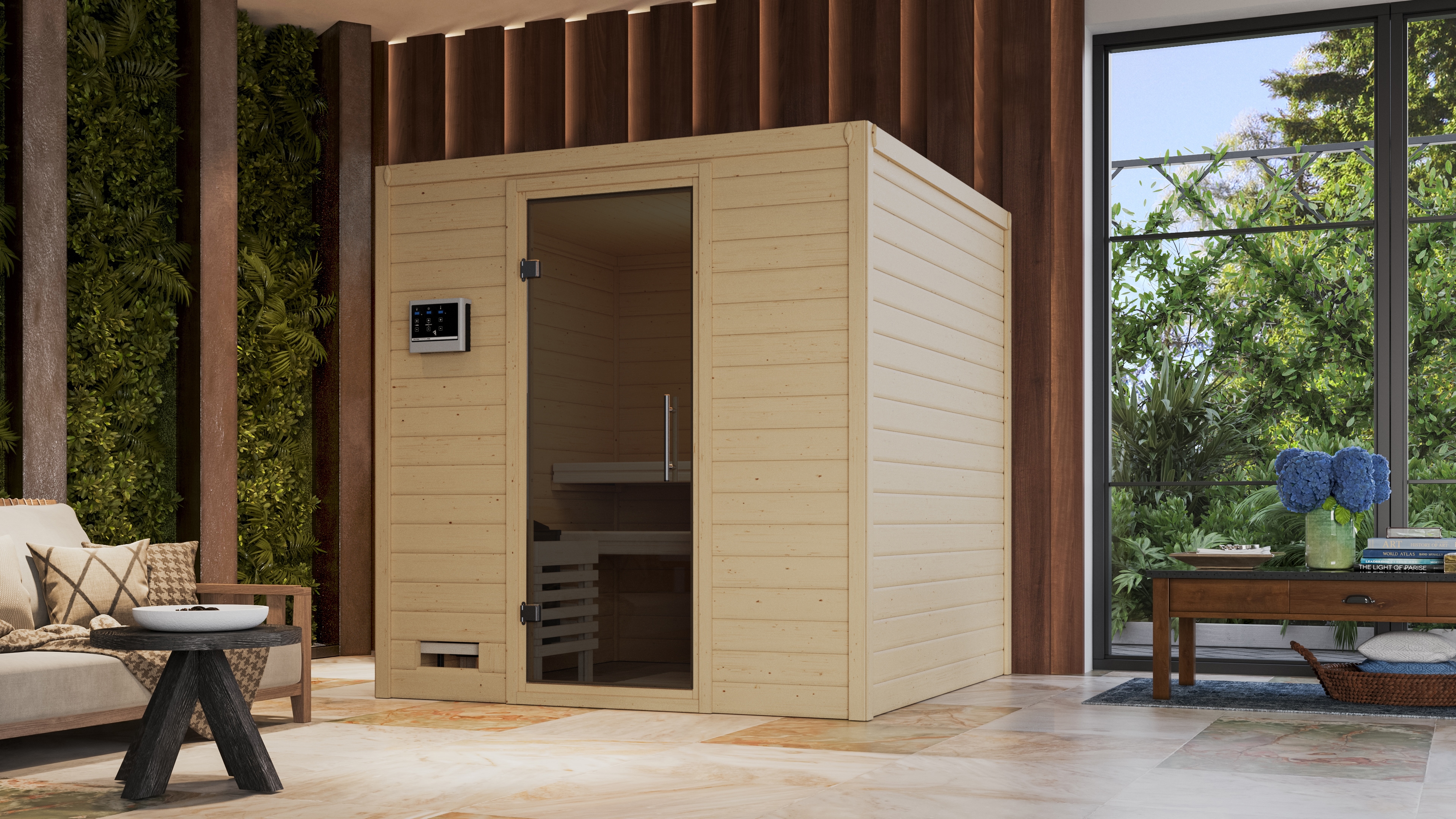 Sauna KARIBU "Menja", beige (naturbelassen), Saunaofen, integrierte Steuerung, 9 kW, Saunen, 9-kW-Ofen mit integrierter Steuerung Image