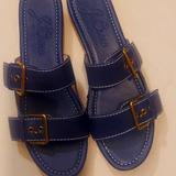 J. Crew Shoes | J. Crew Leather Double Buckle Sandals Wood Sole Navy Blue Contrast Stitching 7.5 | Color: Blue/Tan | Size: 9