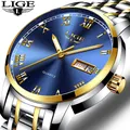 LIGE-Montre à quartz en acier inoxydable doré pour homme marque de luxe horloge de sport