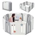 COSTWAY Foldable Baby Playpen, Plastic Infants Play Pen with Whiteboard and Rotatable Ball, Adjustable Play Yard Fence for Babies, Toddlers (Grey, 14 Panels)