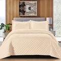 Double Bedspread Bed Throw Embossed Pattern Reversible Quilted Bedspread Set with 2 Pillow Shams - Decorative Quilt Coverlet Bedding Set, Beige