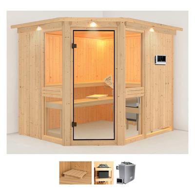 Sauna KARIBU "Aline 3", beige (naturbelassen), Saunaofen, externe Steuerung, 9 kW, Saunen, 9-kW-Ofen mit externer Steuerung