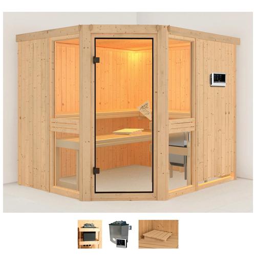 „KARIBU Sauna „“Aline 3″“ Saunen 9-kW-Ofen mit externer Steuerung beige (naturbelassen) Saunen“