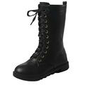 DADAWEN Girls Leather Winter Warm Lace-up Zipper Mid Calf Combat Riding Boots Black 11 Child UK