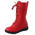 DADAWEN Girls Leather Winter Warm Lace-up Zipper Mid Calf Combat Riding Boots Red 12 Child UK