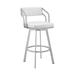 Blake 26 Inch Swivel Counter Stool, Open Back, Silver, White Faux Leather