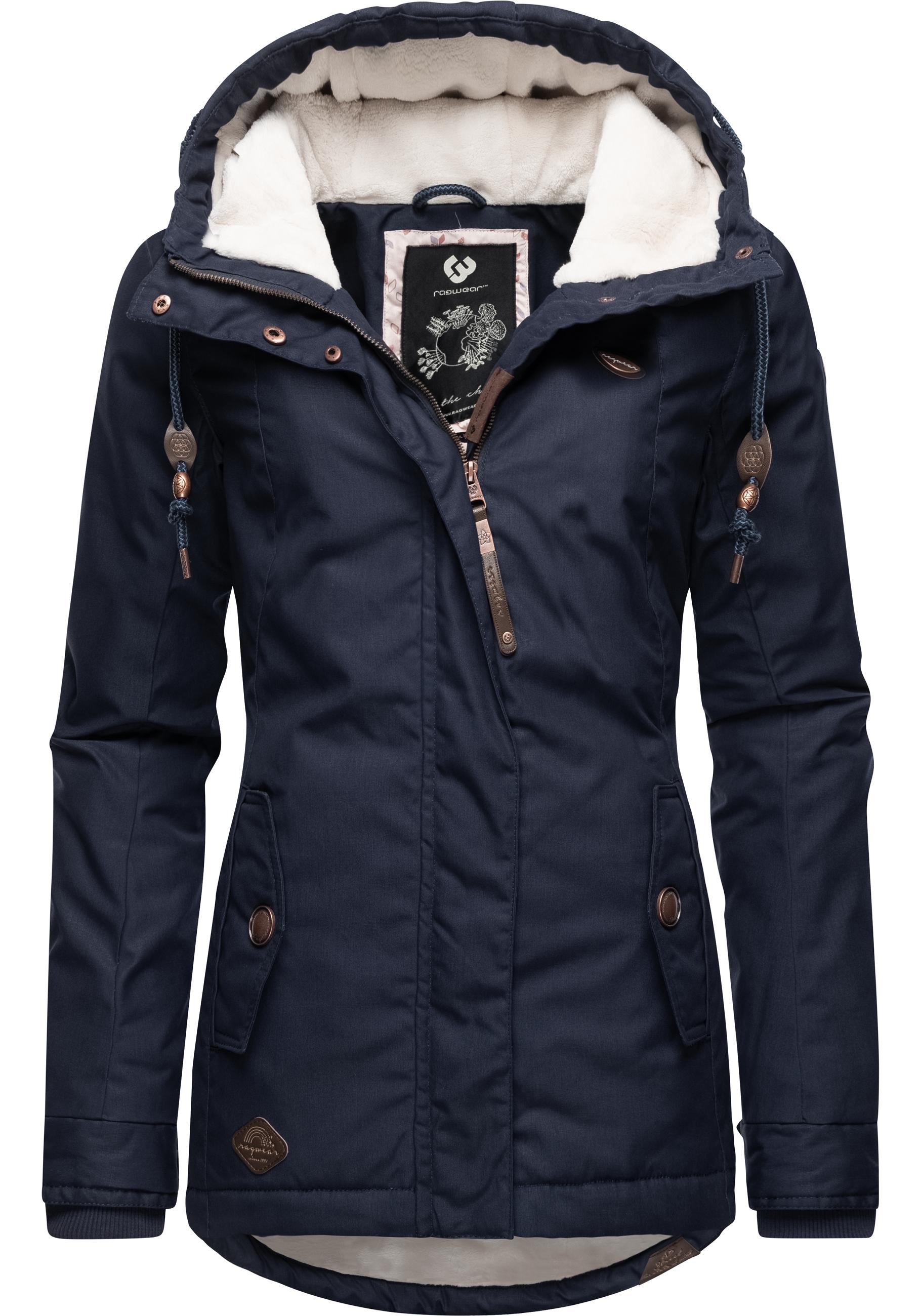 Winterjacke RAGWEAR "Monade", Damen, Gr. S (36), blau (marine), Obermaterial: 65% Polyester, 35% Baumwolle, Futter 100% Polyester, Wattierung 100% Polyester, figurbetont Po-bedeckend, verstellbar Rippstrickbündchen mit Druckknopf, Jacken...