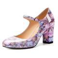 AUMOTED Women's Mary Jane Pumps Chunky Block Mid Heel 3.5 Inch Close Round Toe Ankle Strap Dress Shoes Party Wedding Patent Floral Purple UK 4