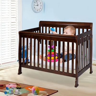 Costway Coffee Pine Wood Baby Toddler Bed Convertible Crib Nursery - 53.5''(L) X 32''-34''(W) X 41''(H)