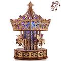 Wood Trick Parisian Carousel Music Box Rotating with Backlit - 3D Wooden Puzzle for Adults and Kids to Build DIY - Wooden Music Box Kit - La Vie en Rose Tune