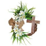 Xmarks Easter Handmade Floral Wreath with Cross Natural Burlap Bow Rustic Grapevine Wreath Spring Decorating DIY Easter Front Door Wreath Decoration