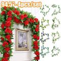 Sinhoon 4Pcs/Set Fake Rose Garland Artificial Silk Flower Vines Hanging Floral Garland Rose Garlands Rose Vines Leaves Rose Flower Wedding Flowers String Party Arch Garden Decor