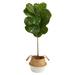 Nearly Natural 4 ft. Fiddle Leaf Artificial Tree with Boho Chic Handmade Cotton & Jute White Woven Planter UV Resistant