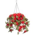 OakRidge Fully Assembled Artificial Mum Hanging Basket Red 10â€� Diameter with 18â€� Long Chain â€“ Polyester/Plastic Flowers in Metal/Coco Fiber Liner Basket for Indoor/Outdoor Use