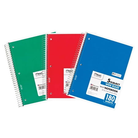 Mead Spiral 5 Subject Notebook Wide Ruled 180 Sheets Per Book Pack of 3