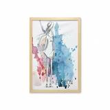 Fantasy Wall Art with Frame Sketchy Fashion Lady Hat Looking Watercolor Splash Brushstroke Steam Image Printed Fabric Poster for Bathroom Living Room 23 x 35 Pink and Blue by Ambesonne