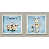 French Inspired Light Blue and Polka Dot Pedestal Sink and Clawfoot Tub Set; Two 12 by 12-Inch White Framed Prints