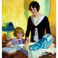 A little girl smiles and points to the clothing she just received as her birthday gift removed from the box by mother. Art by William Andrew Loomis Poster Print by Andrew Loomis