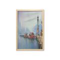 Country Wall Art with Frame View of a Misty Morning at the Harbor with Boats and Birds in Old Fishing Town Art Printed Fabric Poster for Bathroom Living Room 23 x 35 Multicolor by Ambesonne