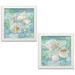 Gango Home Decor Coastal Watercolor Beach Decor | Blue Green & Cream Shell & Starfish; Two 12x12in Art Prints in White Frames