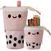 Melitta Cute Pencil Case Standing Pen Holder Telescopic Pencil Pouch Canvas Makeup Pouch Pop Up Cosmetics Bag with Zipper Closure Stationery Kawaii Pencil Bag Office Organizer Box for Students (Pink)