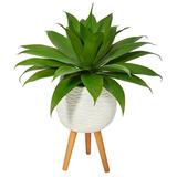 Nearly Natural 33 Agave Succulent Artificial Plant in White Planter with Stand Green