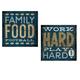 Fun Tan and Blue Family Food Football and Work Hard Play Hard Set by Michael Mullan; Two 12x12in Unframed Paper Postesr