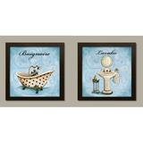 French Inspired Light Blue and Polka Dot Pedestal Sink and Clawfoot Tub Set; Two 12 by 12-Inch Brown Framed Prints