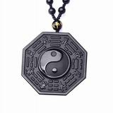 Obsidian Carved Yin Yang Ba Gua Pendant Necklace Lucky Amulet Jewelry Bead Chain