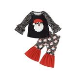 Toddler Baby Girls Christmas Outfits Tree/Santa Print Long Sleeve Shirt Tops and Flare Pants Bell-bottoms Set