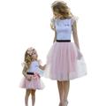 Family Mommy and Daughter Matching Outfits Sleeveless Lace T-shirt Top + Tutu Skirt Parent Child Set