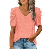 Women Summer Puff Short Sleeve T-shirt Top V Neck Solid Color Casual Loose Fit Shirt Sexy Comfy Soft Tunic Blouse