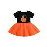 AMILIEe Halloween Infant Girl Short Sleeve Dress Pumpkin Print Mesh Patchwork Holiday Dress
