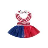 Genuiskids 4th of July Newborn Baby Girl Romper Suit Summer Boat Neck Striped Print Toddler High Waist Mesh Dress Toddler Casual Party Independent Day Wear Set